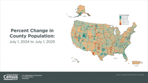 visualization of the percent change of the population by county from 2024 to 2025