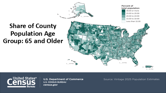 County population of the 65 and older age group for all of the counties in the United States